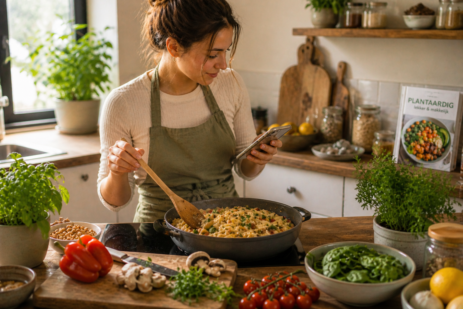 Iemand schrijft starttips op voor plantaardig eten